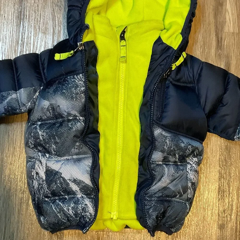 SNOZU KIDS BOYS PUFFER FLEECE LINED SKI JACKET 2T HOODED WINTER COAT BLUE YELLOW